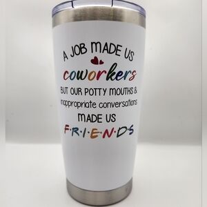 White Travel Tumbler with Colorful Friends Text